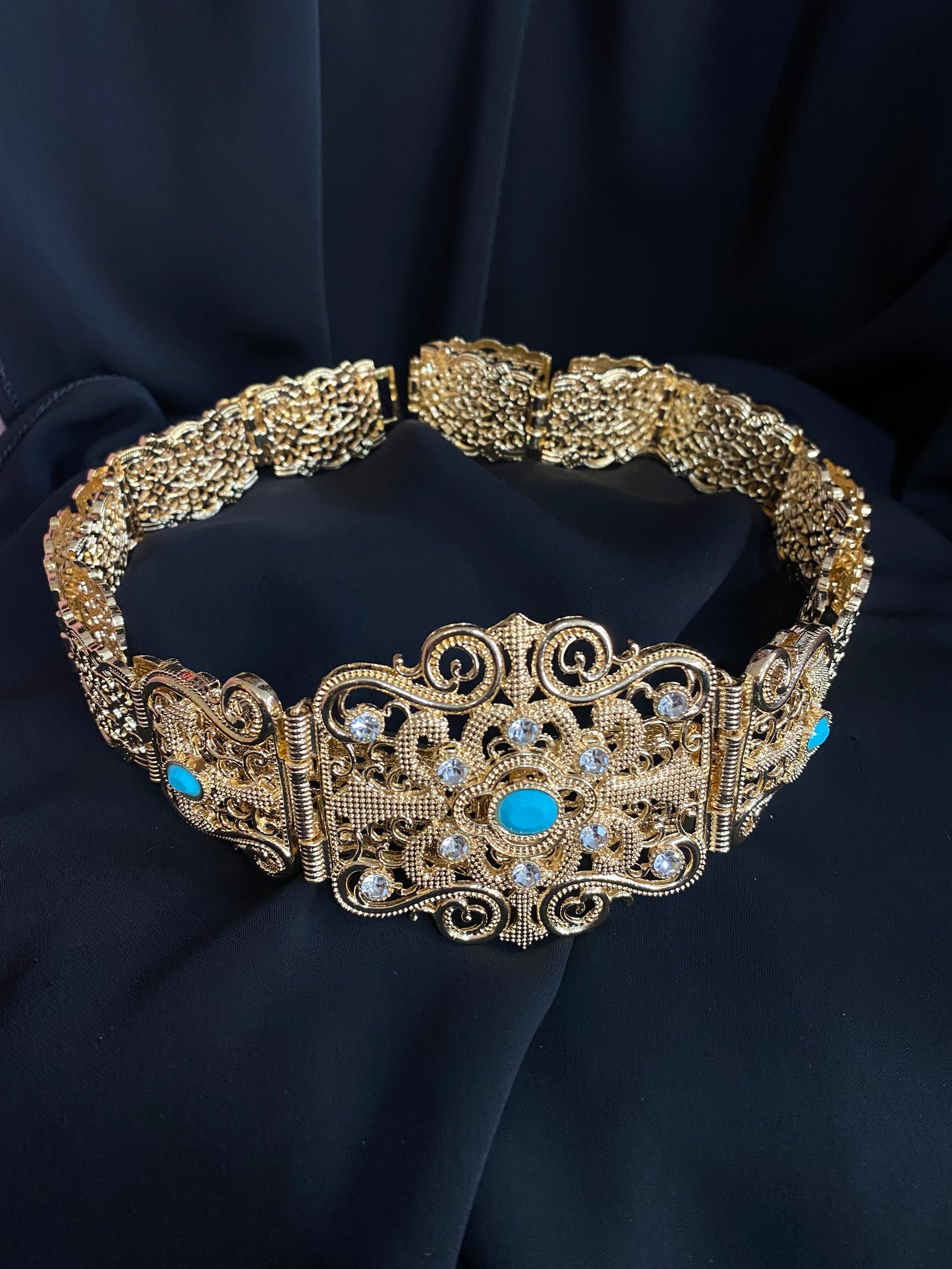 Ceinture en métal perles bleues