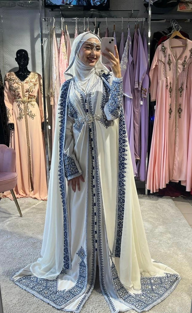 caftan fassy 3 pièces pour marié, fiancé etc.. bleu/blanc avec cape 