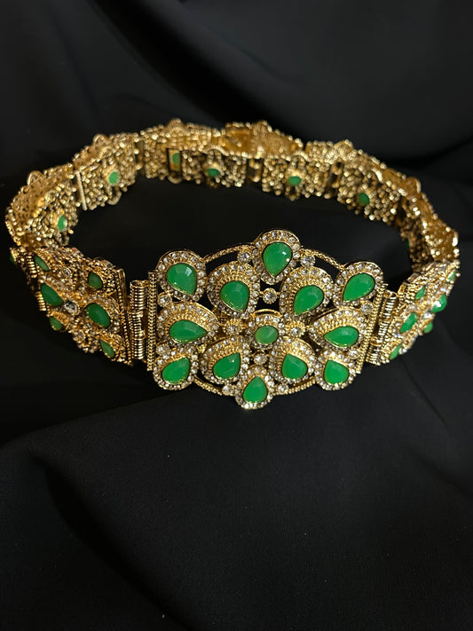 Ceinture en métal motif floral perles vertes
