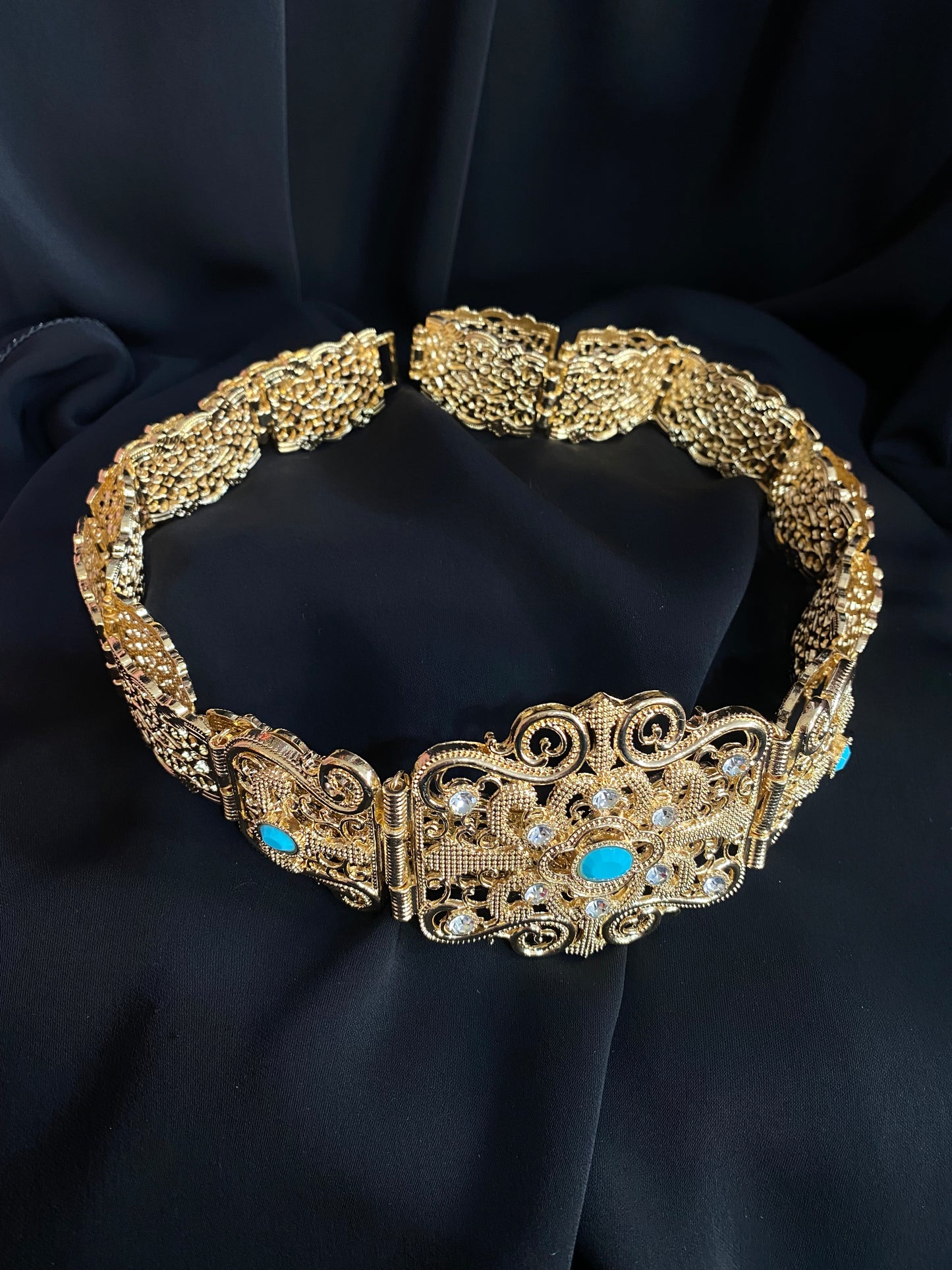 Ceinture en métal perles bleues