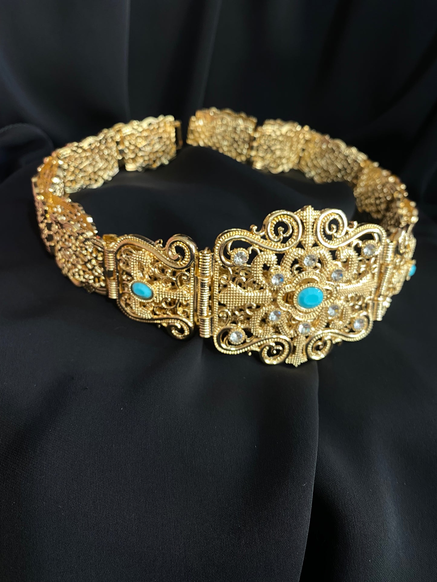 Ceinture en métal perles bleues